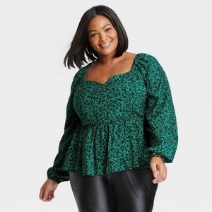 Ava & Viv sweetheart neckline peplum smocked back long sleeve top green black 1X